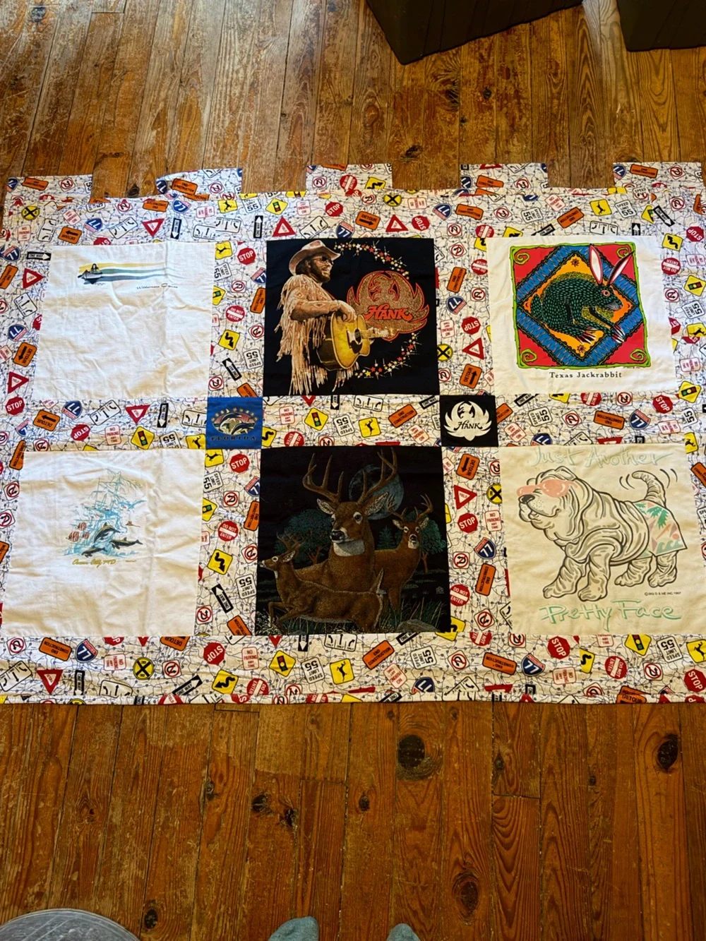 Handmade Patchwork T-Shirt Quilt with Wildlife & Music Panels - app 45x70